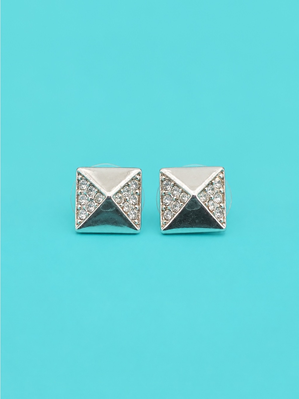 Silver Tone Geometric Crystal Stud Earrings